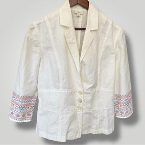 J. Jill Women's Linen Notch Lapel Embroidered Blazer Jacket White Boho Size 14